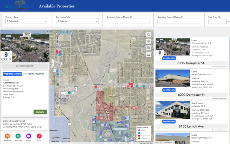 an interactive map of available properties for sale and/or lease in the Village of Morton Grove